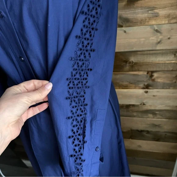 ME+EM Blue Cotton Broderie Shirt Dress Belted Maxi Eyelet Hem US 8 Quiet Luxury - Picture 5 of 16